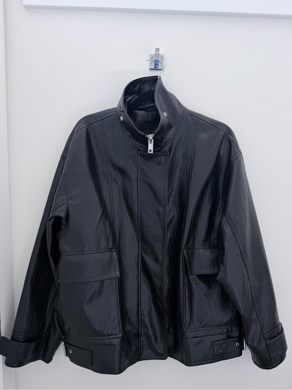 Zara ZW Collection Black Faux Leather Oversized Moto Bomber Jacket M